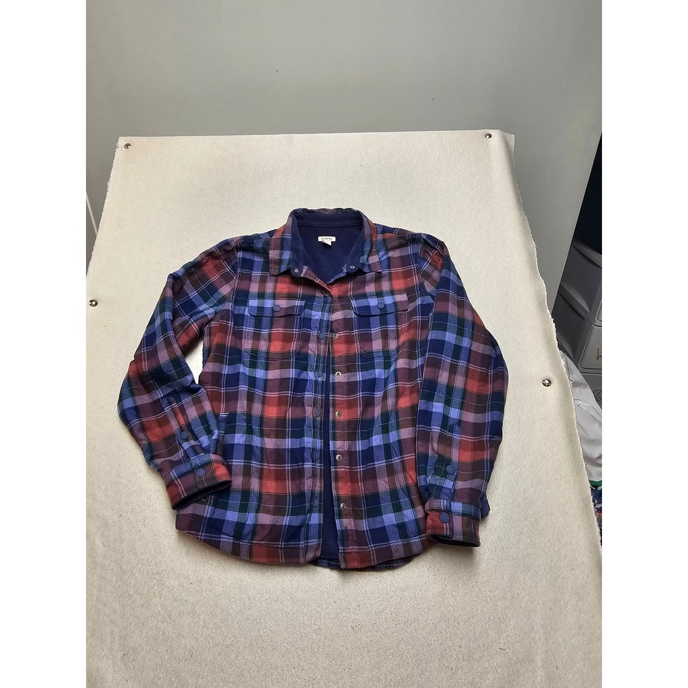 LL Bean Fleece Lined Flannel Shirt Jacket Plaid Purple Red Blue 505597 Small